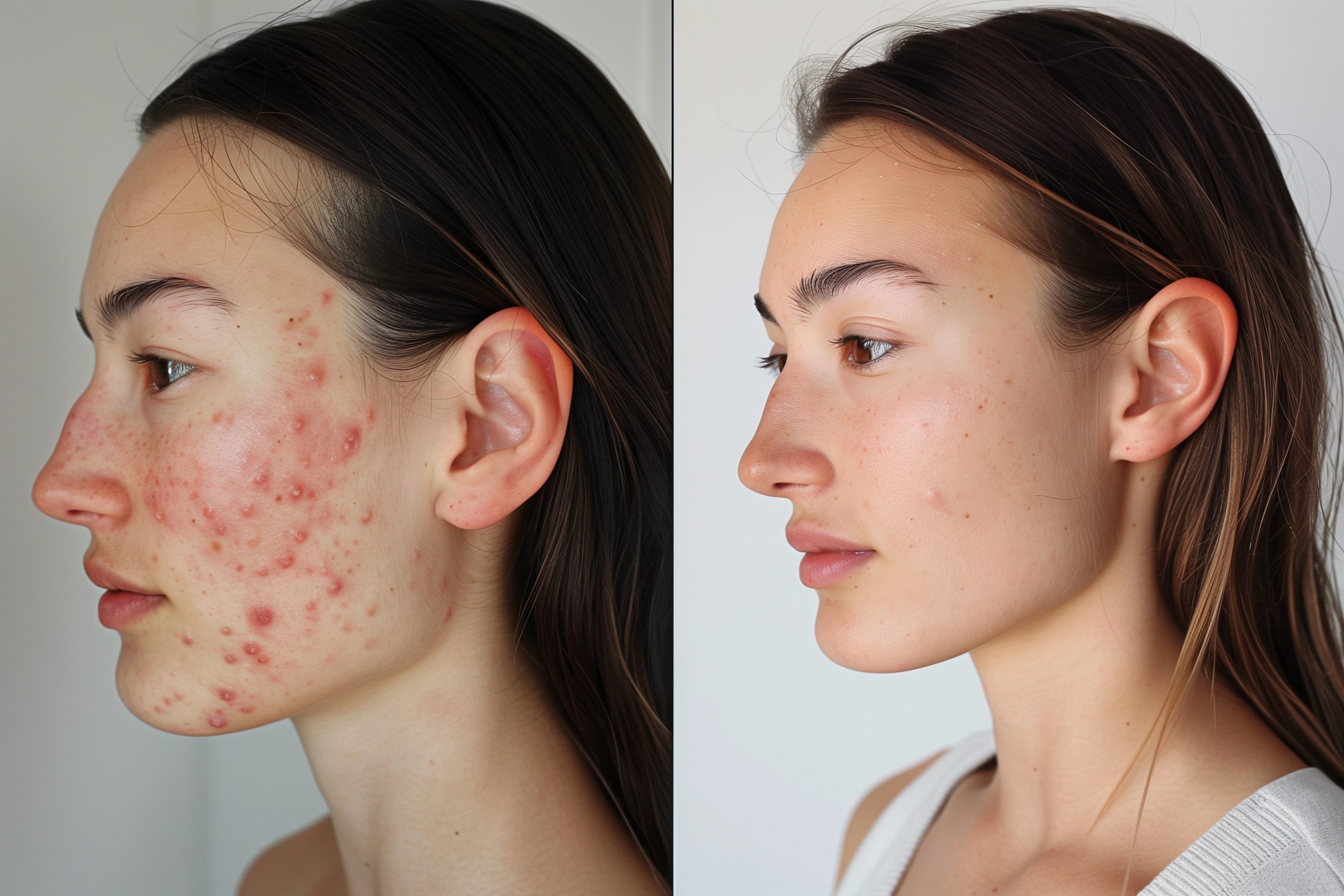 A before & after image of a young woman with severe acne before IPL treatment and after IPL with a huge difference in her skin